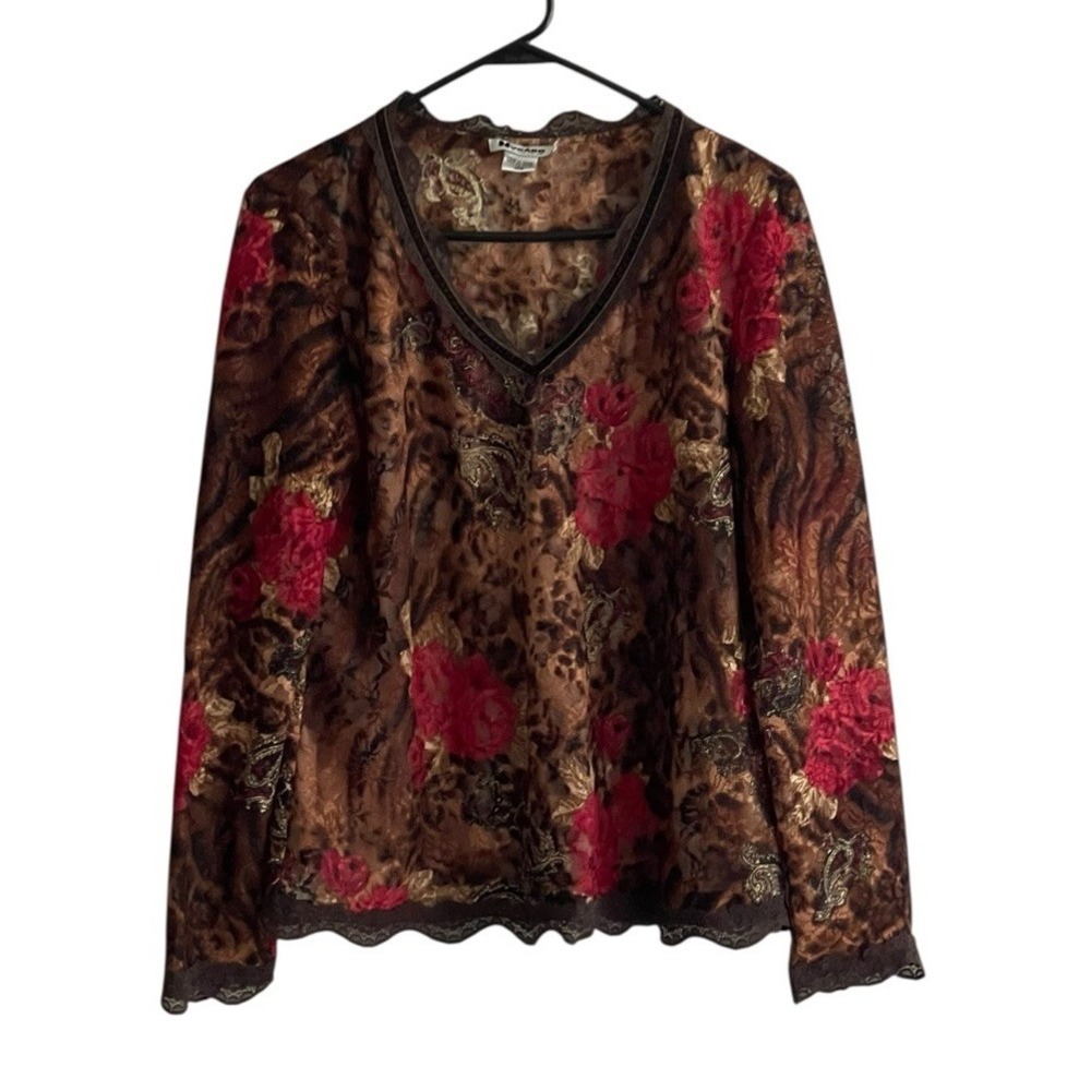 Y2K Nygard Collection Women Dark Floral Lace Top V-Neck Lage Whimsigoth Vintage